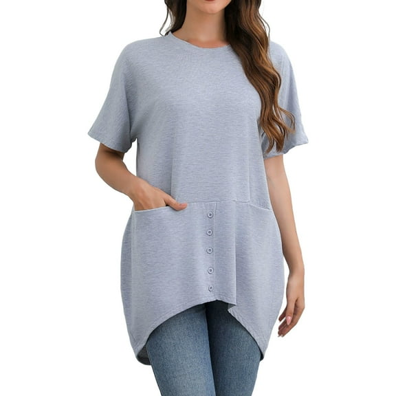 Duoif Shirts for Women Ladies' Fashionable and Casual Loose Oversized Button Pocket Short Sleeved T Shirt Top Womens Tops Grey L