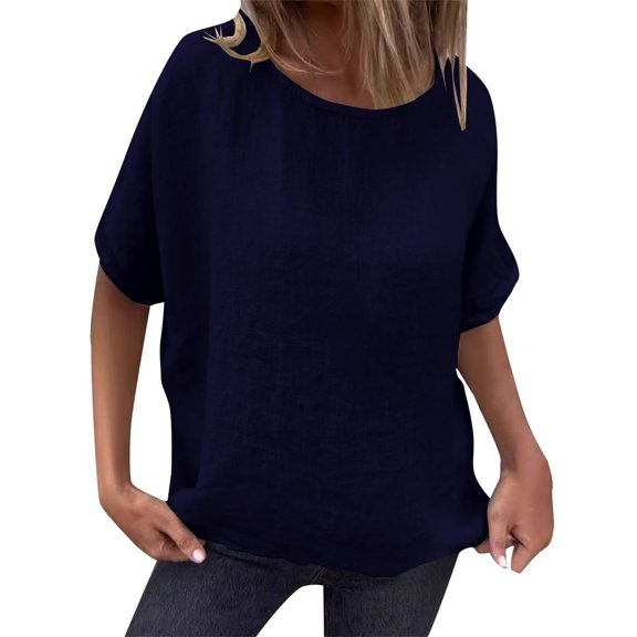 Duoif Shirts for Women Summer 2025 New Round Neck Mid Length Sleeve Cotton and Linen Loose T Shirt Summer Tops Blue XXL
