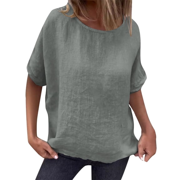 Duoif Shirts for Women Summer 2025 New Round Neck Mid Length Sleeve Cotton and Linen Loose T Shirt Summer Tops Grey XXXL