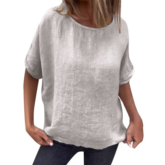 Duoif Shirts for Women Summer 2025 New Round Neck Mid Length Sleeve Cotton and Linen Loose T Shirt Summer Tops White XXXL