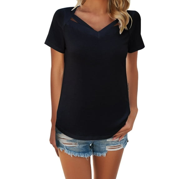 Duoif Shirts for Women Summer Casual Solid Color Short Sleeved V Neck T Shirt Womens Tops Casual Black L