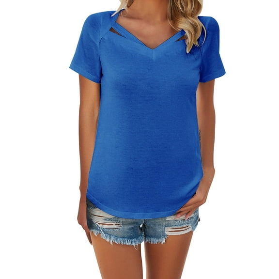 Duoif Shirts for Women Summer Casual Solid Color Short Sleeved V Neck T Shirt Womens Tops Casual Blue S