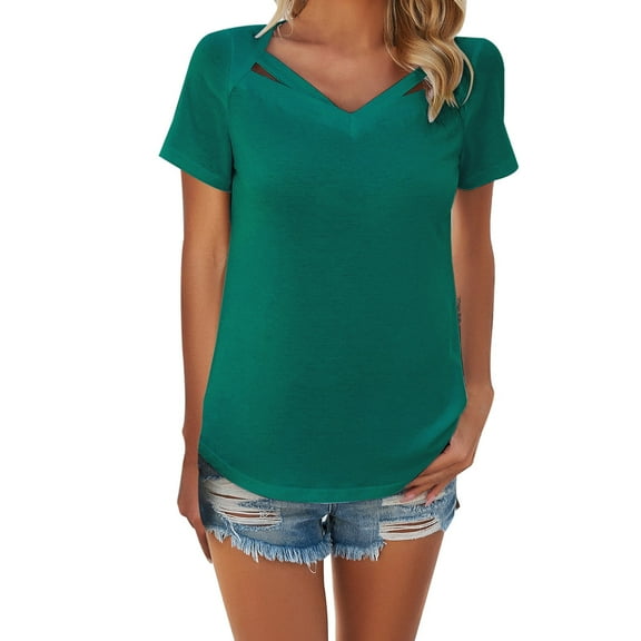 Duoif Shirts for Women Summer Casual Solid Color Short Sleeved V Neck T Shirt Womens Tops Casual Green M