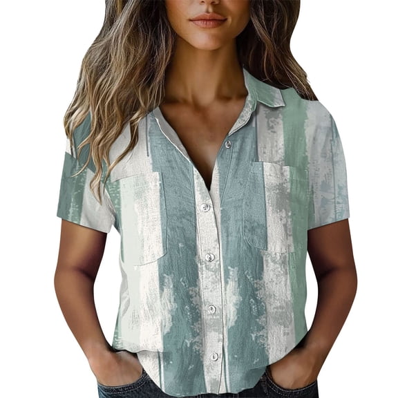 Duoif Shirts for Women, Women Cotton Shirt Printed Fashion down Shirts Casual Tops Short Sleeve Blouse Womens Tops Green S