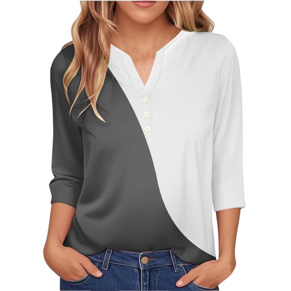 Duoif Shirts for Women, Women's Fashion Casual Solid Color Button Three Quarter Sleeve Top T Shirt Womens Tops Camouflage L