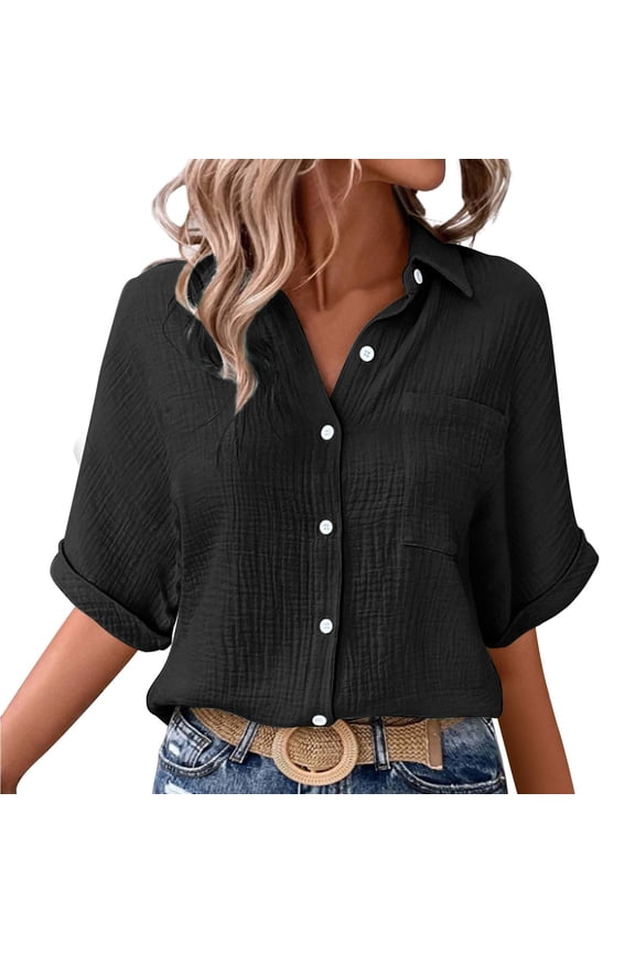 Shirts for Women, Women's Fashionable and Casual Solid Color Single Pocket Slit Mid Sleeved Top Shirt Womens Shirts Black XXXL