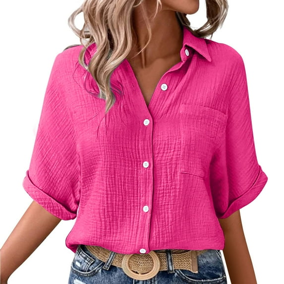 Duoif Shirts for Women, Women's Fashionable and Casual Solid Color Single Pocket Slit Mid Sleeved Top Shirt Womens Shirts Hot Pink XXL