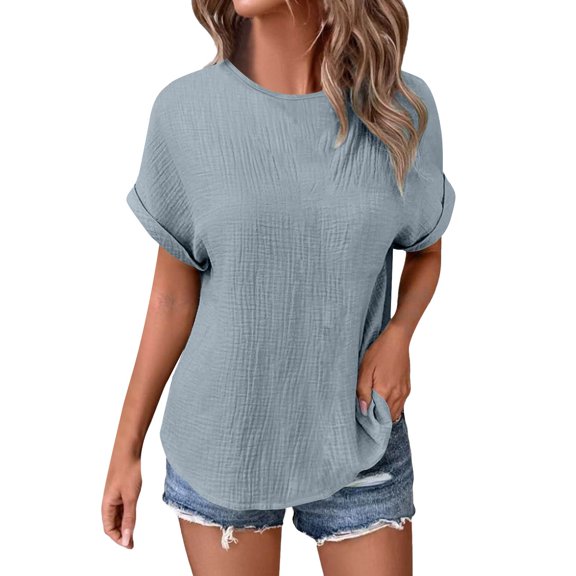 Duoif Shirts for Women, Women's Summer Solid Color Casual Loose Double Wrinkle Solid Color Round Neck Short Sleeved T Shirt Womens Summer Tops Grey S
