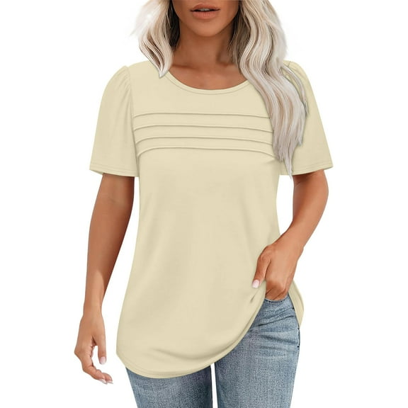 Duoif Shirts for Women, Women's T Shirt Short Sleeve Formal Casual Shirt Summer Clothing Flowing Creases Front Round Neck Summer Tops Beige L