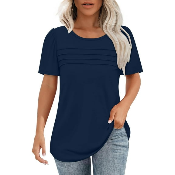 Duoif Shirts for Women, Women's T Shirt Short Sleeve Formal Casual Shirt Summer Clothing Flowing Creases Front Round Neck Summer Tops Dark Blue M