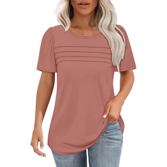 Duoif Shirts for Women, Women's T Shirt Short Sleeve Formal Casual Shirt Summer Clothing Flowing Creases Front Round Neck Summer Tops Rose Gold M