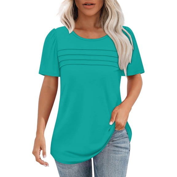 Duoif Shirts for Women, Women's T Shirt Short Sleeve Formal Casual Shirt Summer Clothing Flowing Creases Front Round Neck Summer Tops Sky Blue XXL