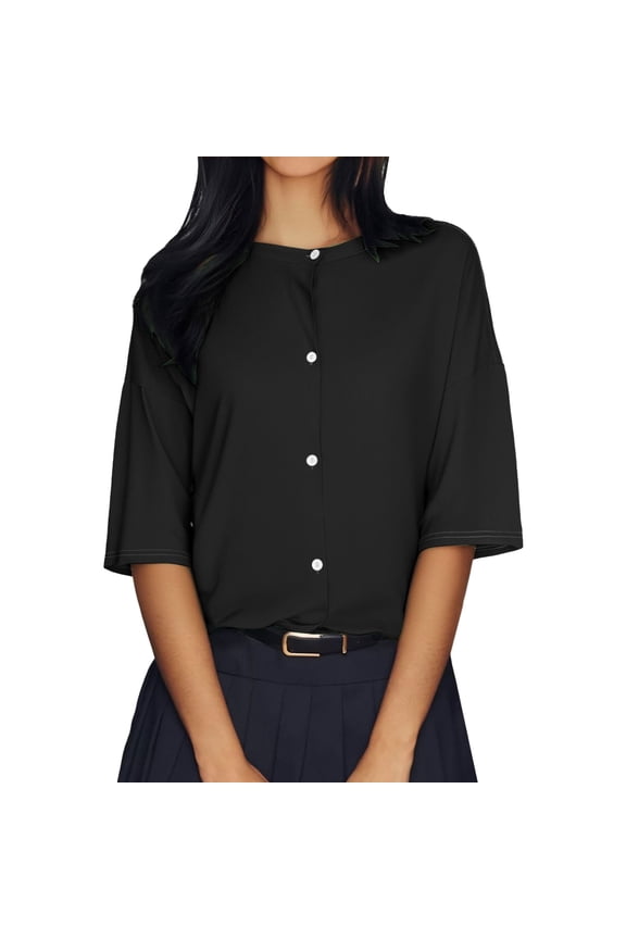 Shirts for Women, Womens Half Sleeve Cardigan Shirt Cropped Button down Tops Oversized Lightweight Ribbed Knit Top Summer Tops Black M
