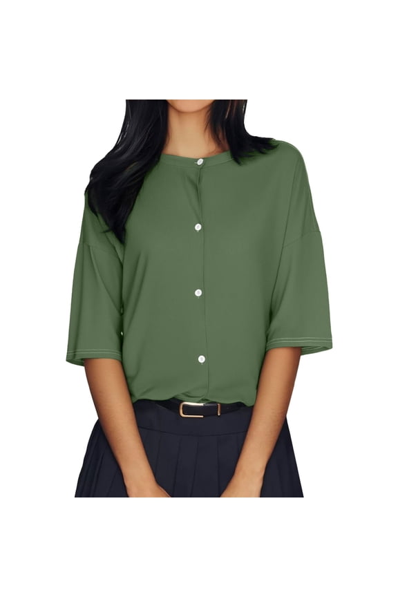 Shirts for Women, Womens Half Sleeve Cardigan Shirt Cropped Button down Tops Oversized Lightweight Ribbed Knit Top Summer Tops Green L
