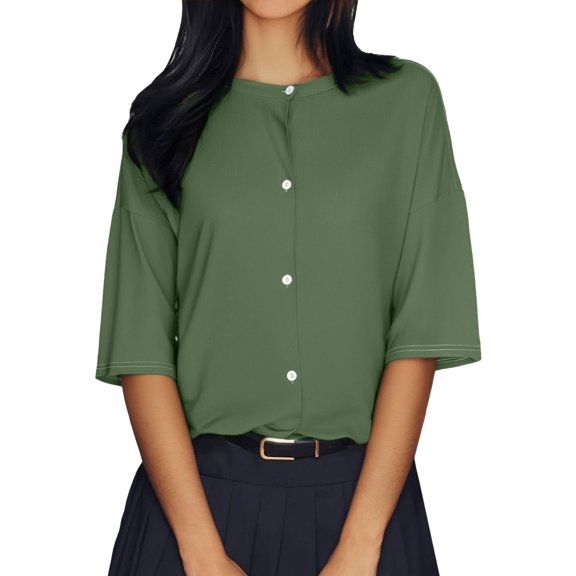 Duoif Shirts for Women, Womens Half Sleeve Cardigan Shirt Cropped Button down Tops Oversized Lightweight Ribbed Knit Top Summer Tops Green M