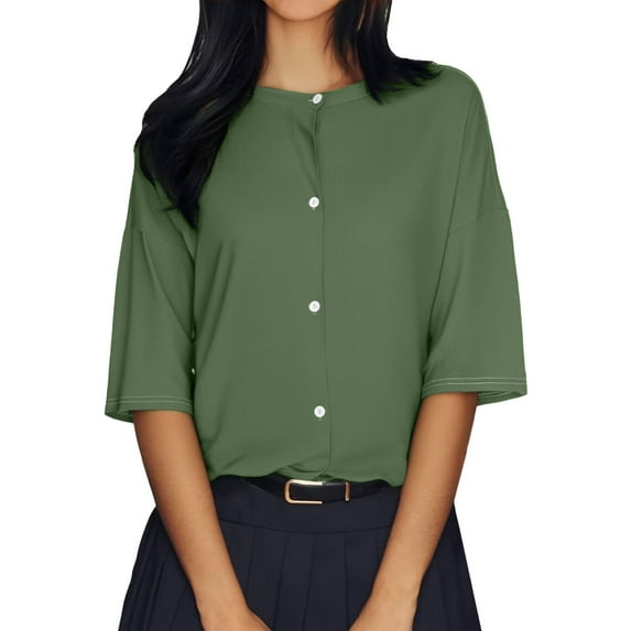 Duoif Shirts for Women, Womens Half Sleeve Cardigan Shirt Cropped Button down Tops Oversized Lightweight Ribbed Knit Top Summer Tops Green S
