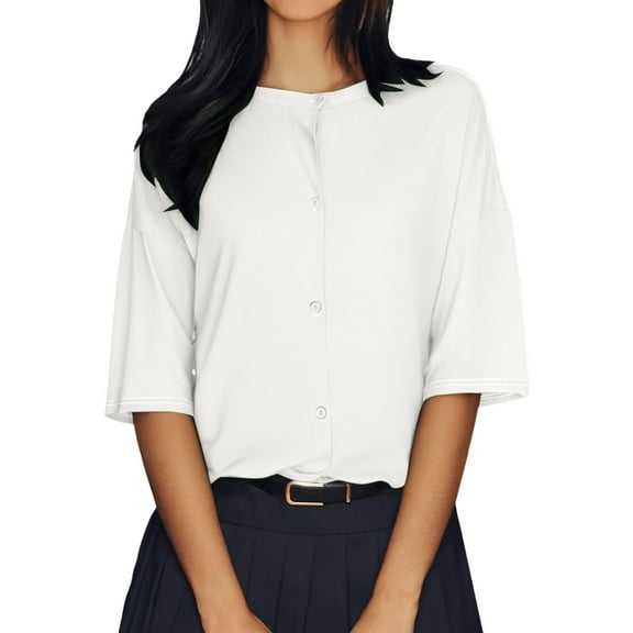 Duoif Shirts for Women, Womens Half Sleeve Cardigan Shirt Cropped Button down Tops Oversized Lightweight Ribbed Knit Top Summer Tops White XL