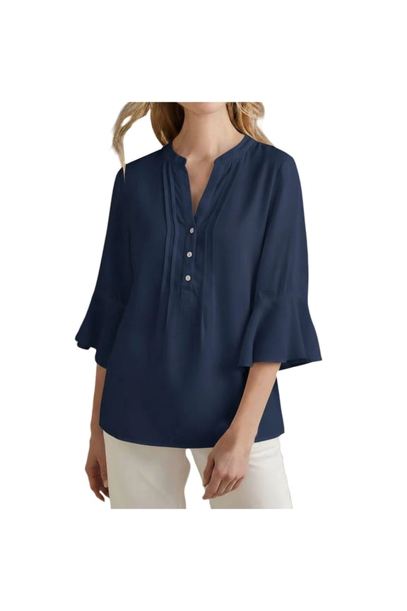 Sleeve Top Solid Color Fashion Casual Loose V Neck Shirt Dark Blue XL