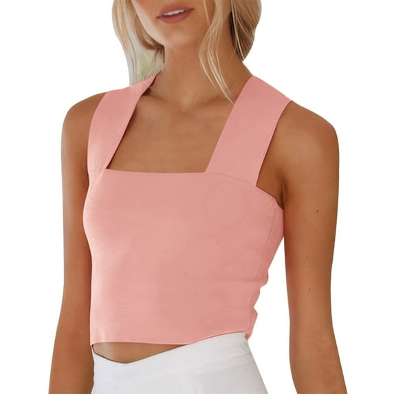 Duoif Slim Fitted Camisole Summer Women's Casual and Simple Vacation Style Knitted Wide Shoulder Strap Top. Womens Summer Tops Pink L