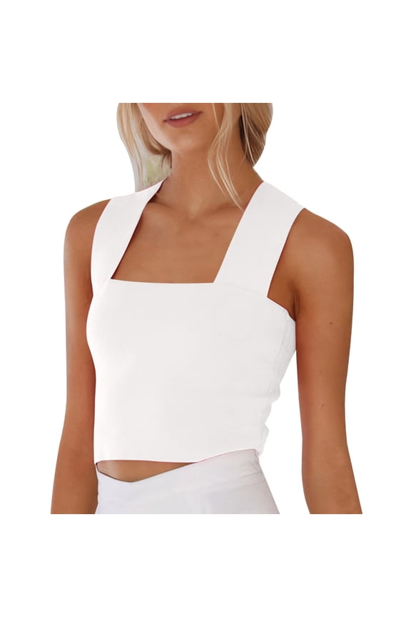 Slim Fitted Camisole Summer Women's Casual and Simple Vacation Style Knitted Wide Shoulder Strap Top. Womens Summer Tops White L