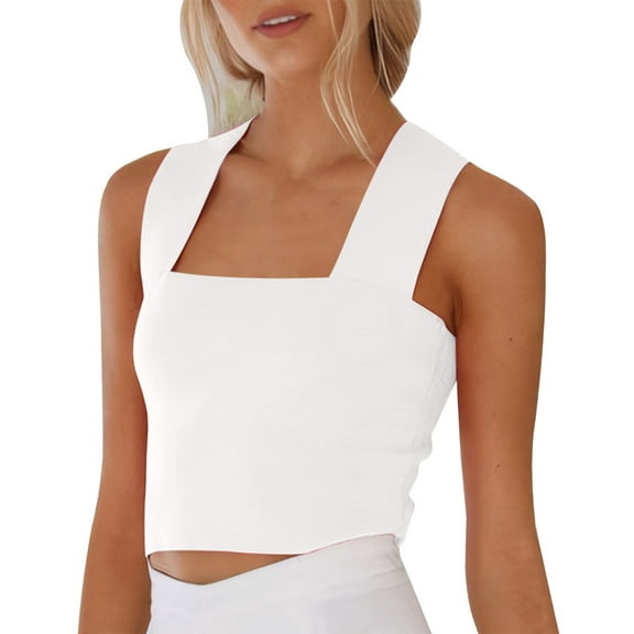 Duoif Slim Fitted Camisole Summer Women's Casual and Simple Vacation Style Knitted Wide Shoulder Strap Top. Womens Summer Tops White S
