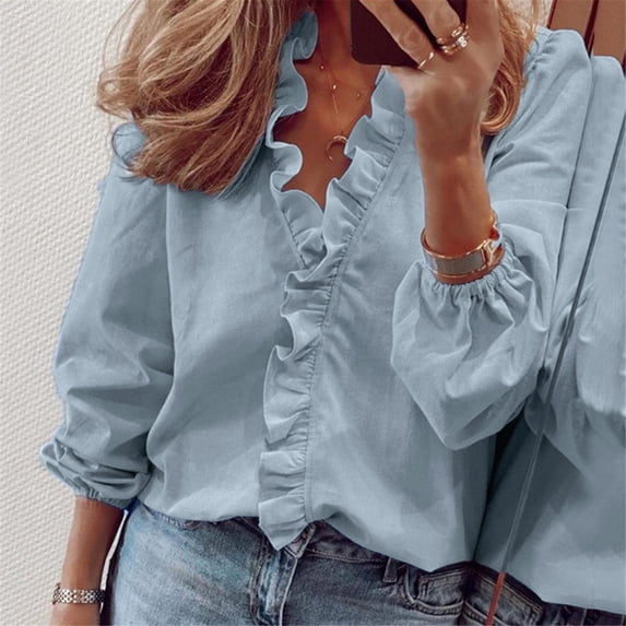Duoif Summer Blouse for Women, Women's Ruffle V Neck Short Sleeve Shirts V Neck Button down Elegant Ladies Tops, Blue, S