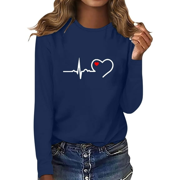 Duoif Summer Shirts for Women Ladies Fashion Long Sleeve Round Neck T Shirt Women's Tops Navy M