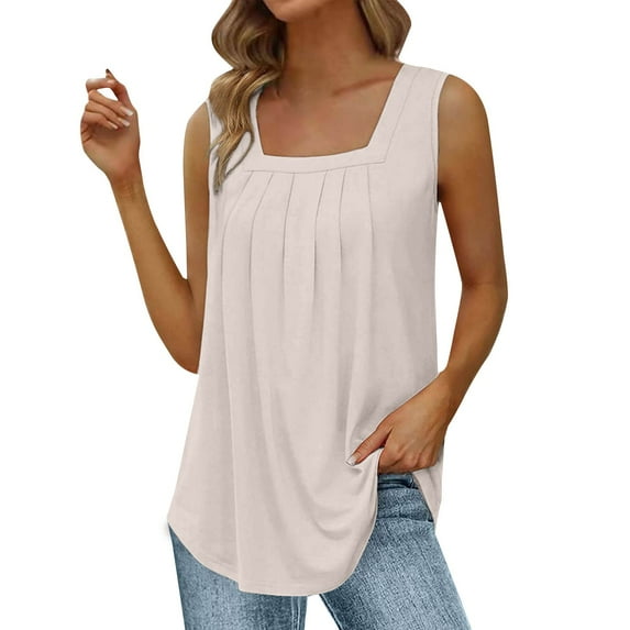 Duoif Summer Tank Tops for Women 2025 Loose Fit Pleated Square Neck Sleeveless Shirt Curved Flowy Vest Basic Cotton Tee Womens Tops Casual Beige M