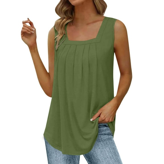 Duoif Summer Tank Tops for Women 2025 Loose Fit Pleated Square Neck Sleeveless Shirt Curved Flowy Vest Basic Cotton Tee Womens Tops Casual Green L