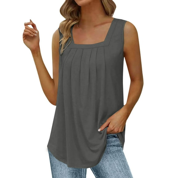 Duoif Summer Tank Tops for Women 2025 Loose Fit Pleated Square Neck Sleeveless Shirt Curved Flowy Vest Basic Cotton Tee Womens Tops Casual Grey XXL