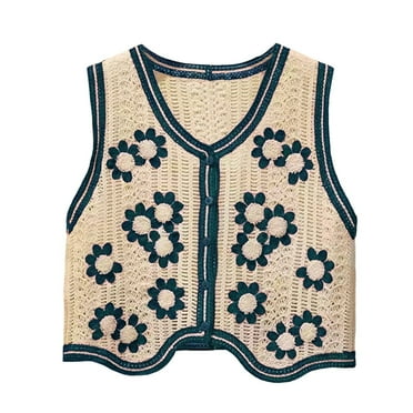 Duoif Sweater Vest Women, Women's Knitted Vest Sleeveless V Neck Cardigan Button Printed Short Vest Womens Vest Blue
