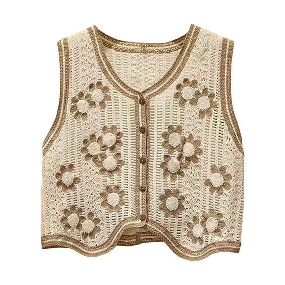 Duoif Sweater Vest Women, Women's Knitted Vest Sleeveless V Neck Cardigan Button Printed Short Vest Womens Vest Khaki