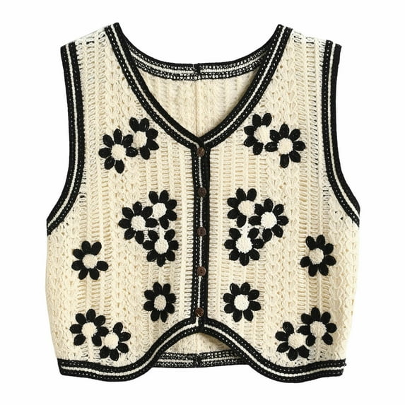 Duoif Sweater Vest Women, Women's Knitted Vest Sleeveless V Neck Cardigan Button Printed Short Vest Womens Vest Red