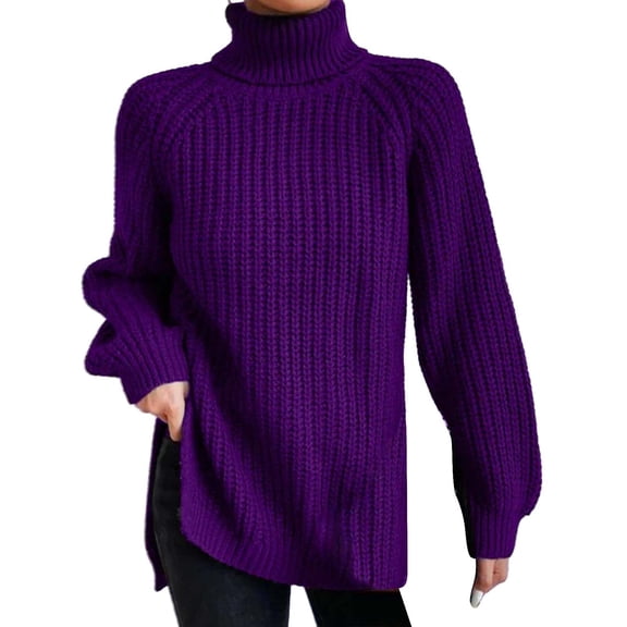 Duoif Sweaters for Women Trendy Autumn and Winter Fashion Solid Color Knit Sweater Medium Long Shoulder Sleeve High Lapel Split Sweater Pullover Sweater Women's Sweaters Womens Tops Purple L