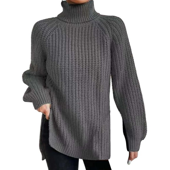 Duoif Sweaters for Women Trendy Autumn and Winter Fashion Solid Color Knit Sweater Medium Long Shoulder Sleeve High Lapel Split Sweater Pullover Sweater Women's Sweaters Womens Tops Grey L
