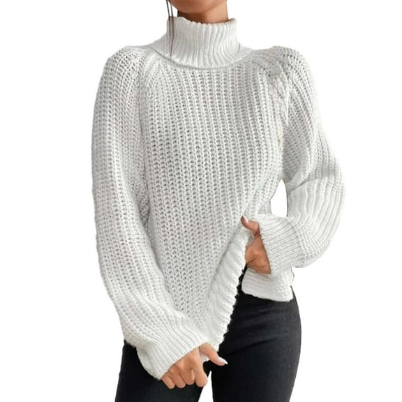 Duoif Sweaters for Women Trendy Autumn and Winter Fashion Solid Color Knit Sweater Medium Long Shoulder Sleeve High Lapel Split Sweater Pullover Sweater Women's Sweaters Womens Tops White M