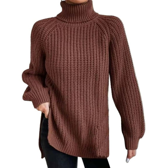 Duoif Sweaters for Women Trendy Autumn and Winter Fashion Solid Color Knit Sweater Medium Long Shoulder Sleeve High Lapel Split Sweater Pullover Sweater Women's Sweaters Womens Tops Brown XXL