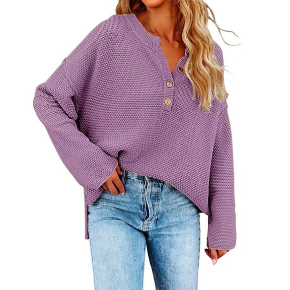 Duoif Sweaters for Women Trendy Ladies Long Sleeve V Neck Button Knitted Autumn Pullover Sweater Casual Pullover Women's Sweaters Womens Tops Purple XXXL