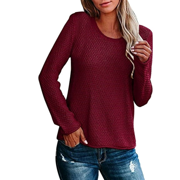 Duoif Sweaters for Women Trendy Ladies Round Neck Long Sleeve Pullover Top Solid Color Fashion Casual Bottoming Shirt Knit Sweater Women's Sweaters Womens Tops Red S