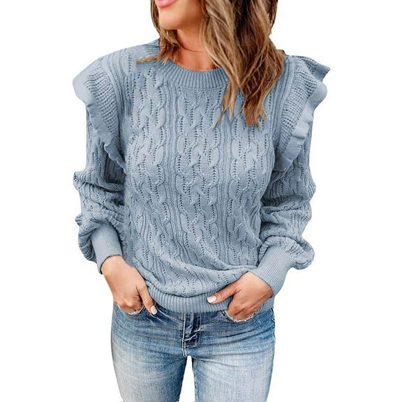 Duoif Sweaters for Women Trendy Women Casual Sweater Crewneck Ruffle Shoulder Long Sleeve Cable Knit Solid Loose Ribbed Hem Pullover Jumper Top Women's Sweaters Womens Tops Light Blue L