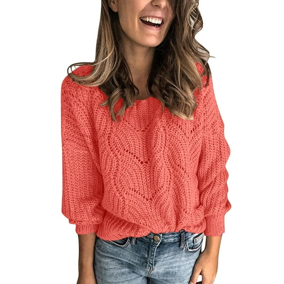 Duoif Sweaters for Women Trendy Women Round Neck Long Sleeve Knit Sweater Solid Color Loose Pullover Hollow Sweater Women's Sweaters Womens Tops Pink XL