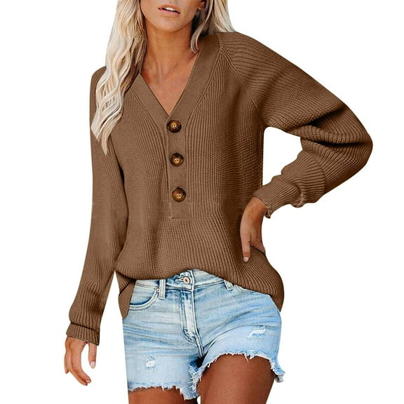 Duoif Sweaters for Women Trendy Women V Neck Long Sleeve Pullover Sweater Button Solid Knit Casual Fashion Sweater Women's Sweaters Womens Tops Brown XXL