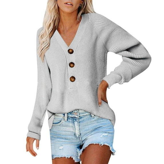 Duoif Sweaters for Women Trendy Women V Neck Long Sleeve Pullover Sweater Button Solid Knit Casual Fashion Sweater Women's Sweaters Womens Tops Grey S