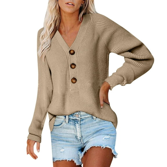 Duoif Sweaters for Women Trendy Women V Neck Long Sleeve Pullover Sweater Button Solid Knit Casual Fashion Sweater Women's Sweaters Womens Tops Khaki S