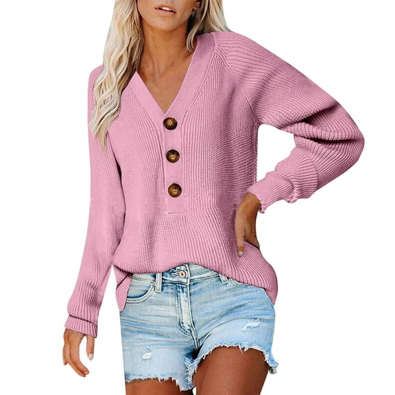 Duoif Sweaters for Women Trendy Women V Neck Long Sleeve Pullover Sweater Button Solid Knit Casual Fashion Sweater Women's Sweaters Womens Tops Pink M