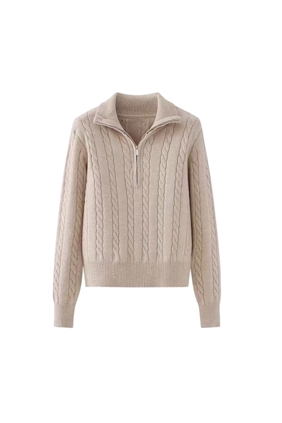 Sweaters for Women Trendy Women's Autumn and Winter Casual Loose Fitting Long Sleeved Half High Neck Half Zipper Solid Color Knitted Pullover Sweater Women's Sweaters Womens Tops Beige