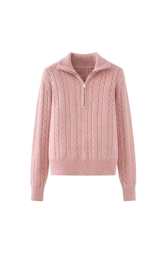 Sweaters for Women Trendy Women's Autumn and Winter Casual Loose Fitting Long Sleeved Half High Neck Half Zipper Solid Color Knitted Pullover Sweater Women's Sweaters Womens Tops Pink
