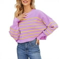 thumbnail image 1 of Duoif Sweaters for Women Trendy Women's Autumn/Winter Round Neck Long Sleeve Stripe Loose Short Pullover Sweater Women's Sweaters Womens Tops Purple XS, 1 of 4