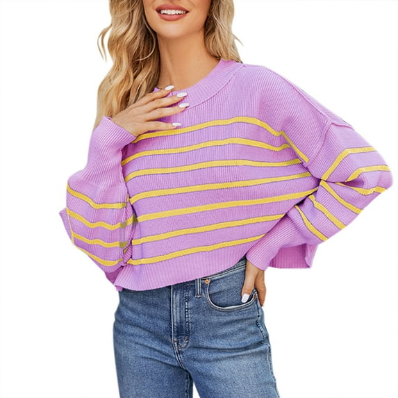 Duoif Sweaters for Women Trendy Women's Autumn/Winter Round Neck Long Sleeve Stripe Loose Short Pullover Sweater Women's Sweaters Womens Tops Purple XS