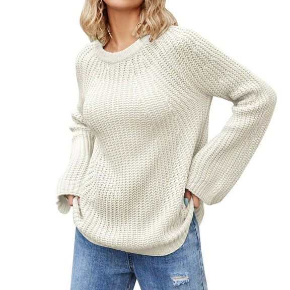 Duoif Sweaters for Women Trendy Women's Casual Long Sleeve Pullover Sweaters Crew Neck Oversized Ribbed Knit 2025 Fall Winter Sweater Jumper Tops Women's Sweaters Womens Tops Beige XL
